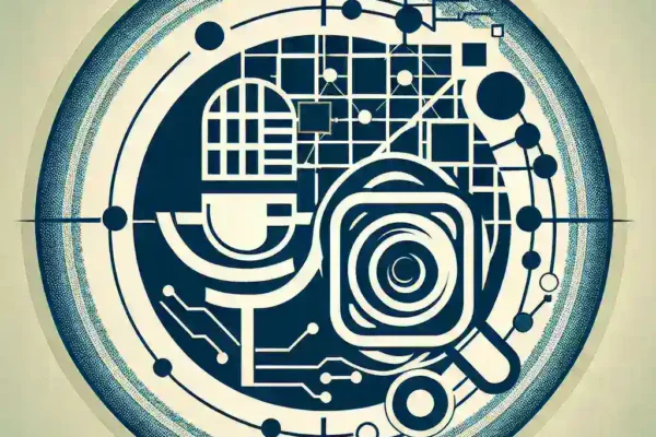 "Ilustrasi fitur pencarian Google yang mengizinkan pengguna melakukan pencarian tanpa kata kunci menggunakan input suara dan gambar sekaligus, menampilkan antarmuka pengguna yang inovatif dan modern."